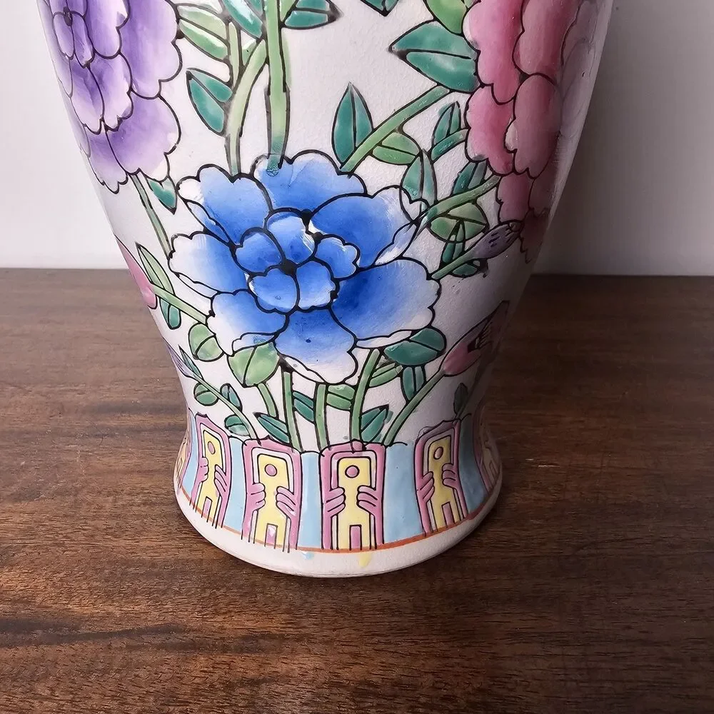 Vintage Oriental Porcelain Vase Hand-Painted Peony Floral Motif Chinoiserie 12